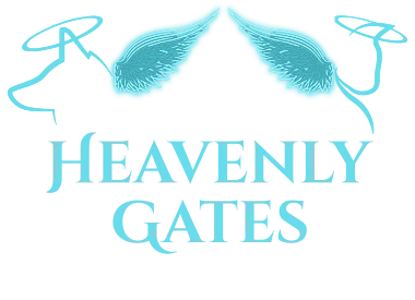 Heavenly Gates Pet Cremation logo: a dog and a cat with halos on either side of a pair of glowing angel wings