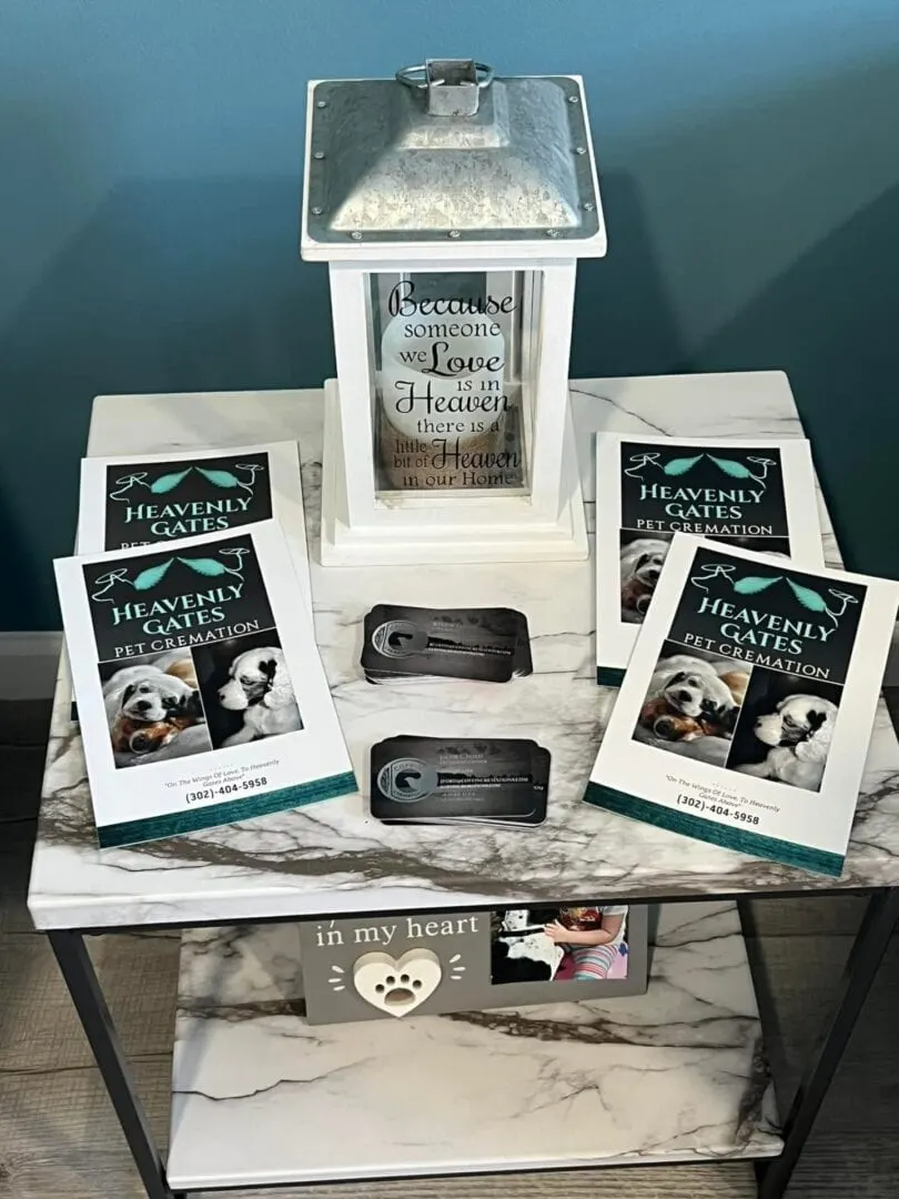 A memorial display at Heavenly Gates: a lantern, framed pet photos and a sign reading Forever in my heart.