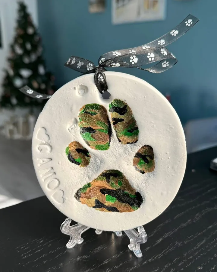 A round clay paw print with the paw painted in camouflage and the name Camo, on a clear stand.