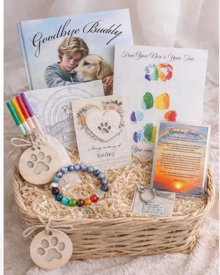 An open Comfort Basket holding the Goodbye Buddy book, a rainbow paw print card, a heart-shaped clay paw print, a coloring page, markers, wooden paw ornaments, a bracelet, a keychain and the Rainbow Bridge poem.