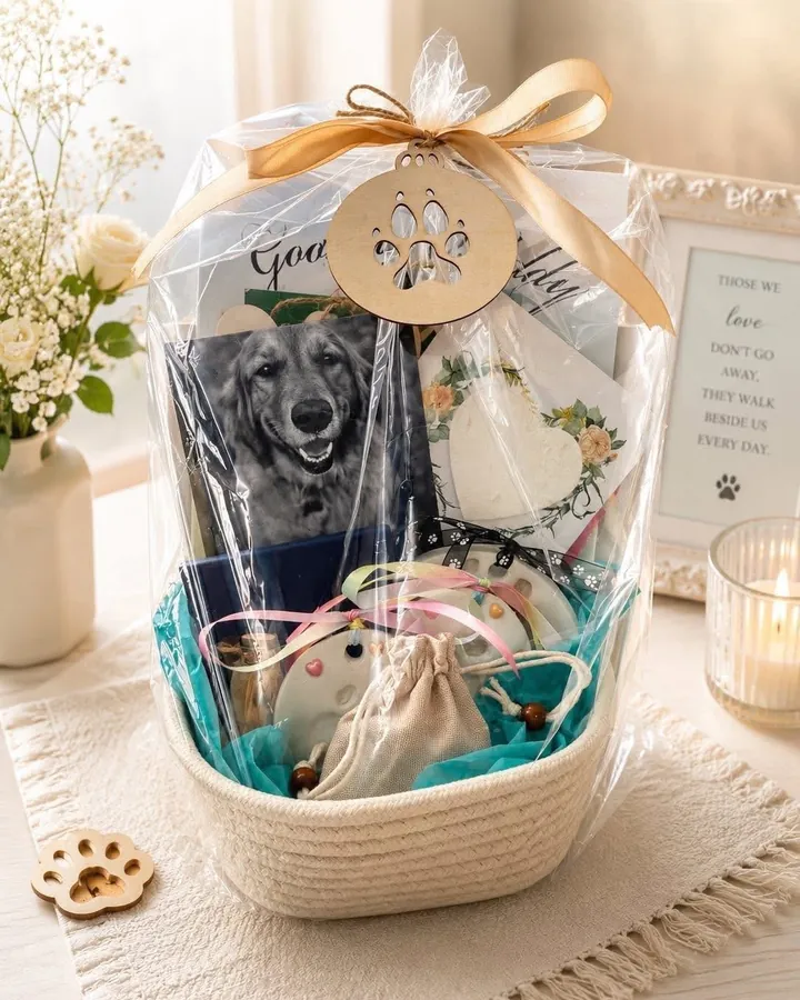 A Comfort Basket wrapped in cellophane and tied with a ribbon and a wooden paw print ornament.