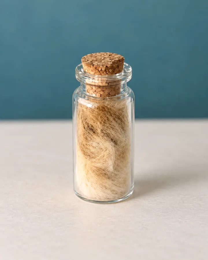 A small corked glass vial holding a clipping of light tan fur.