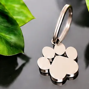 A polished silver paw print keychain.