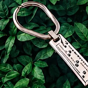 A silver bar keychain with a trail of paw prints.