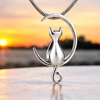 A silver pendant of a cat sitting on a crescent moon.