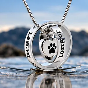 Two intertwined silver rings engraved with words, around a small heart with a paw print.