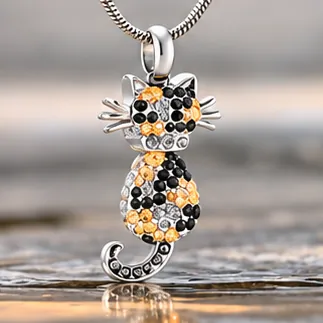 A cat pendant set with black, gold and clear rhinestones.
