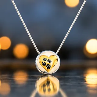 A small round silver pendant holding a gold heart with paw prints.