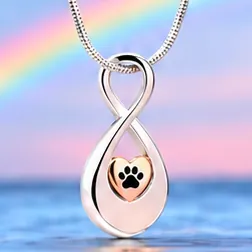 A silver infinity pendant holding a small rose gold heart with a paw print.