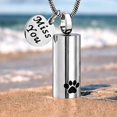 A silver cylinder pendant with a black paw print, beside a round charm engraved Miss You.