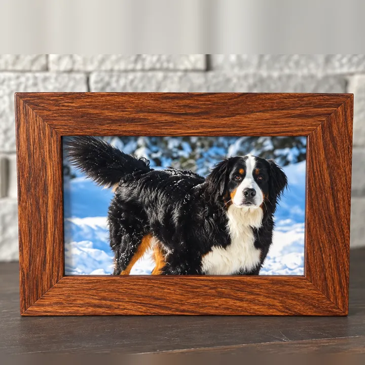 A wooden picture frame urn holding a photo of a dog in the snow.