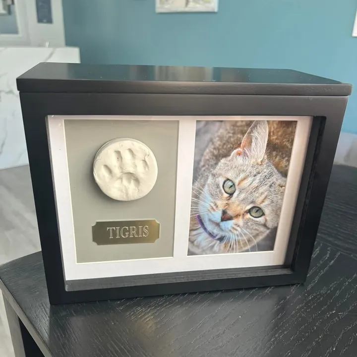 A black shadow box urn holding a clay paw print, a name plate and a photo of a cat.